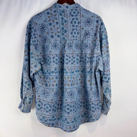 Vintage 90s Eddie Bauer Denim Button-Up Shirt – Geometric Print - Picture 7 of 8
